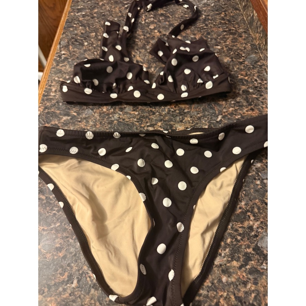 J. Crew Polka Dot Bikini Set Brown White Halter Ruffle Top M Bottoms S Swimsuit